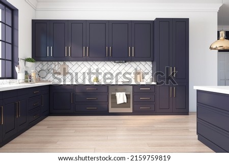 Front view on modern dark blue kitchen set in sunny home kitchen room with stove, golden decoration details and wooden floor. 3D rendering