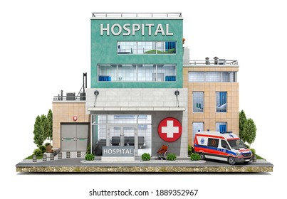 Front View On A Modern Hospital Building And Surrounding Area On A Piece Of Ground, 3d Illustration