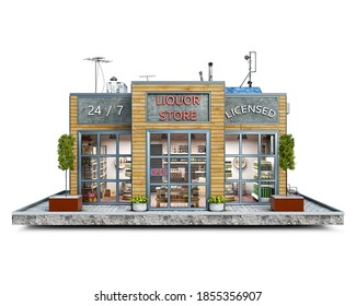 Front View On A Modern Liquor Store Building On A Piece Of Ground, 3d Illustration