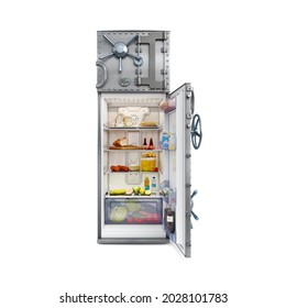 Front View On An Opened Fridge With Food In It And With Safe Door With Lot Of Locks, Isolated On White Background, 3d Illustration