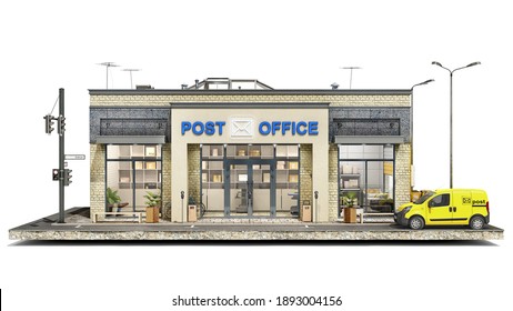 Front View On A Post Office Building On A Piece Of Ground, 3d Illustration