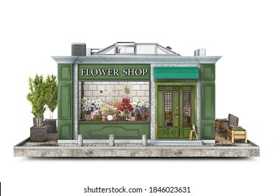 Front View On A Small Flower Shop On A Piece Of Ground, 3d Illustration