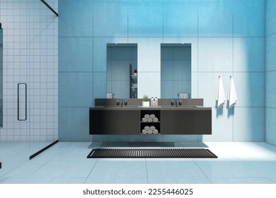 Front view on sunlit stylish brown sinks and two mirrors in sunlit monochrome bathroom with blue light squared wall background and white towels. 3D rendering