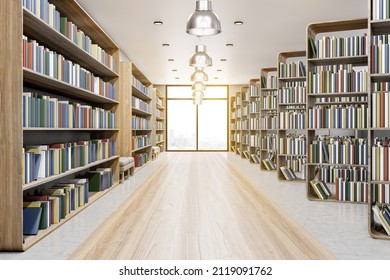 Front View On Sunny Modern Library Eco Style Interior With Book Wooden Book Shelves And Floor, Big Window With City View And Chrome Lamps On Top. 3D Rendering