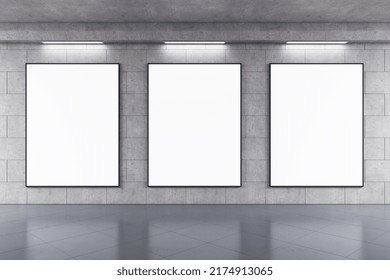 Front view on three blank white posters in black frame with space for your text or logo on grey wall background in abstract subway with concrete glossy floor. 3D rendering, mock up