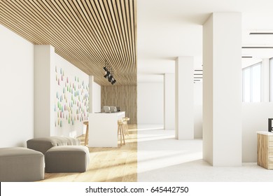 Front view of an open office interior with a bar table, laptops standing on it, light wooden ceiling and floor and a wall with sticky notes. 3d rendering