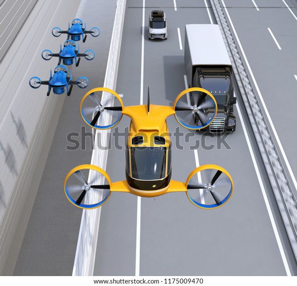 Front view of orange Passenger Drone Taxi, fleet\
of delivery drones flying along with truck driving on the highway.\
3D rendering\
image.