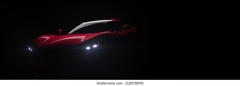 Front View Of Outline Of Red Generic Sports Car In A Dark Studio 3d Render