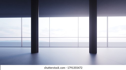 Front View Of Panoramic Windows In A Spacious Open Space In Business Center. Photo Of Empty Office In Modern Building. Loft Style Interior. 3d Rendering. Horizontal Mockup, Comercial Rent.