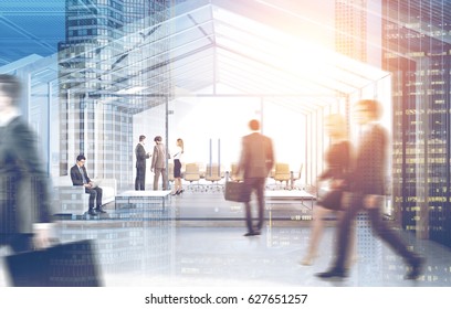 Front View Of People Passing By A House Framed Conference Room With Several White Tables And Black Leather Armchiars. 3d Rendering, Toned Image, Double Exposure