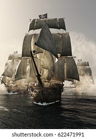 Front view of a pirate ship fleet piercing through the fog. 3d rendering