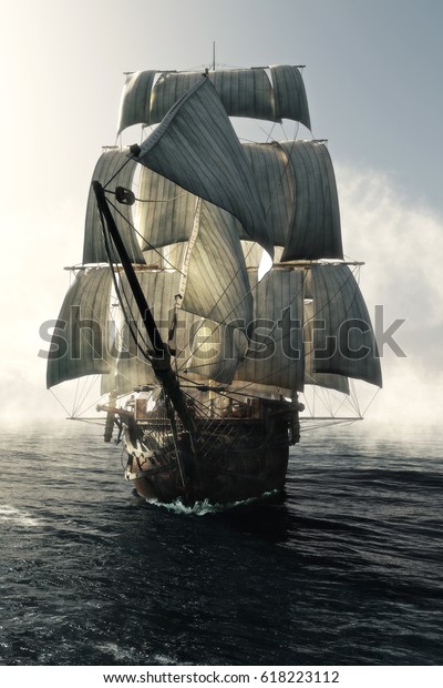 霧の中を突き抜ける海賊船の正面図がカメラの方に向かっていた 3dレンダリング のイラスト素材