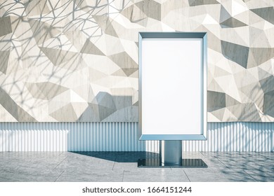 Front view of polygonal wall and blank banner. Art and design concept. Mock up, 3D Rendering