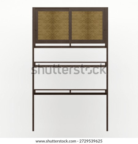 Front view of a rack cabinet made from solid walnut wood with patterned glass doors. The angled view highlights proportions, refined grain, and a balanced storage structure.