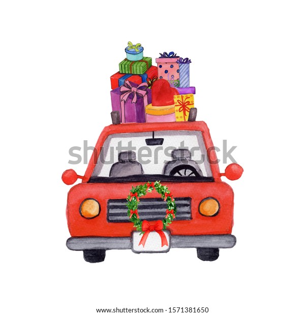 Front view of red\
car with Christmas wreath hang in front and pile of colorful gift\
boxes on the roof.  Watercolor illustration isolated on white. \
Holidays seasons\
concept.