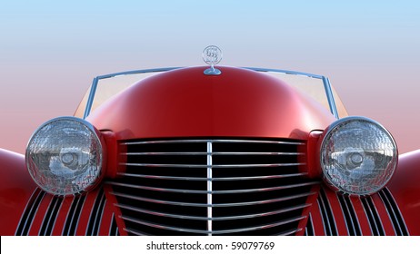 Front view of red retro car over blue sky background