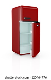 Front View Of A Red Vintage Fridge, The Door Is Open And The Fridge Is Empty (3d Render)