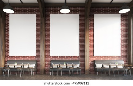 Front view of restaurant interior with brick walls, sofas, chairs and tables. Concept of eating in public places. 3d rendering. Mock up. Toned image