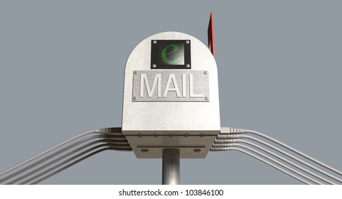 An front view of a retro email box with ten ethernet connections and a digital screen on the front