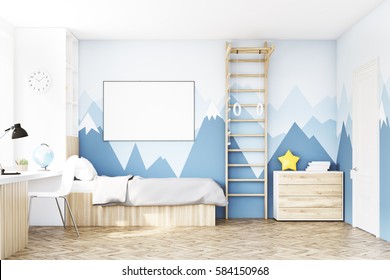 Front View Of A Kidâ??s Room With A Bed, A Bookcase And A Table Standing Under A Window. There Is A Ladder For Physical Activities To The Right. 3d Rendering. Mock Up. 