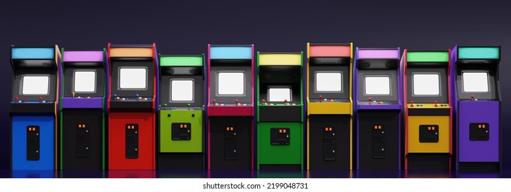 Front View of a Row of Retro Arcade Machines or Cabinets. 3D Illustration - Powered by Shutterstock