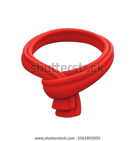Front view of simple cute kawaii knitted scarf tied around neck in red color. Concept of cozy, stylish accessory for cold weather to keep you warm in autumn, winter. 3d render isolated white backdrop.