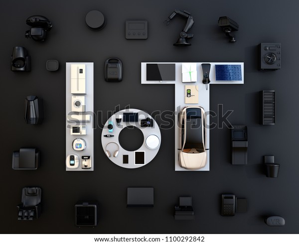 Front view of smart appliances on black\
background. Internet of Things and home automation concept.\
Consumer products. 3D rendering\
image.