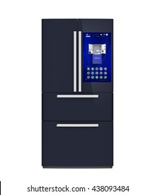 Front view of smart refrigerator. User can manage food or purchase new one by touch screen interface. 3D rendering image.