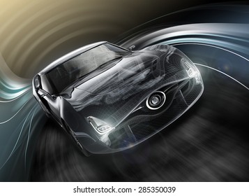 Front View Of Sports Car With Dynamic Graphic Motion Blur And Wire Frame Effects. Original Design With Clipping Path.