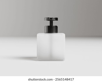 front view of square Pump bottles mockup, cubic shape liquid dispenser bottles, small geometry shape body wash packaging, translucent plastic lotion container, frosted glass cosmetic dispenser mockup