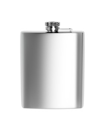 Front View Of Stainless Steel Hip Flask, Isolated On White Background. 3D Illustration