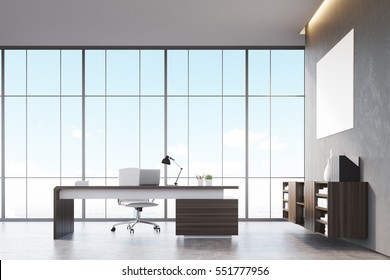 Front View Of A Sunlit CEO Office With Wooden Furniture, Large Panoramic Window And A Horizontal Poster On A Gray Wall. 3d Rendering. Mock Up.