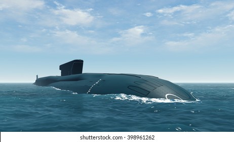Front view of surfaced russian nuclear submarine at northen waters. Realistic 3D illustration was done from my own 3D rendering file.