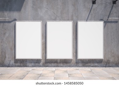 Front View Of Three Empty White Banners On Outdoor Concrete Wall Background. Mock Up, 3D Rendering 