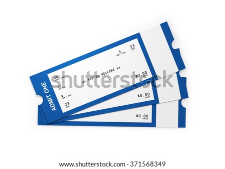 Front view of three general admission tickets. The tickets white and blue in colour.  Isolated on white background. Clipping path is included.