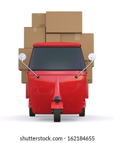 front view of a three wheeled mini truck full load with cartons (3d render)