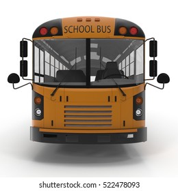 Front View Traditional Yellow Schoolbus Isolated On White. 3D Illustration