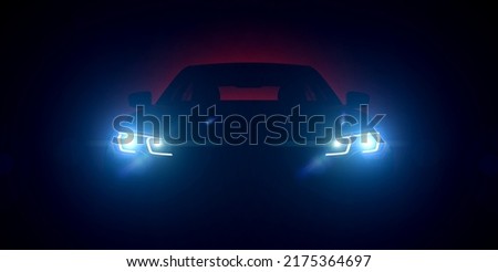 Front view of turning on the headlights in the car at night. 3d rendering
