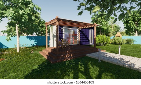 Front View Of A Twenty Feet Shipping Container Tiny House On Daylight 3D Illustration