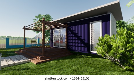 Front View Of A Twenty Feet Shipping Container House On Daylight 3D Illustration