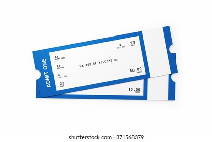 Front view of two general admission tickets. The tickets white and blue in colour.  Isolated on white background. Clipping path is included.