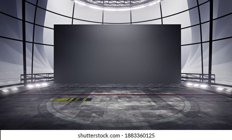 Front View Of A Virtual Studio Background With A Big Empty Videowall Display Ideal For Tv Shows, Commercials Or Events. Suitable On VR Tracking System Stage Sets, With Green Screen. (3D Rendering)