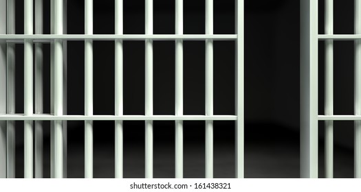 A Front View Of White Iron Jail Cell Bars And An Open Sliding Bar Door On A Dark Background