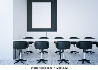 Front view of white room with table, chairs and empty picture frame. Mock up, 3D Rendering