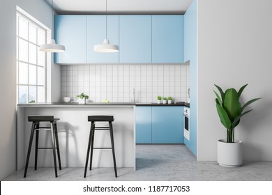 Front View Of White Tile Kitchen With Concrete Floor, Big Window And Blue Countertops. Bar With Stools. 3d Rendering Copy Space