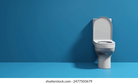 Front view of white toilet bowl with lid open on blue background, 3d render