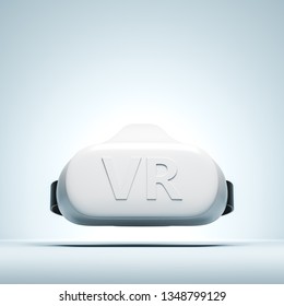 Front View Of The White VR Headset With Logo Text On The Light Blue Background With Copy Space. 3d Rendering Illustration.