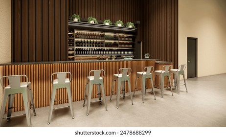 front view wooden bar counter with chairs with a variety of liquor bottles - Powered by Shutterstock