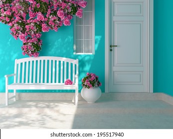 Front View Of A Wooden White Door On A Blue House With Window. Beautiful Roses And Bench On The Porch. Entrance Of A House.