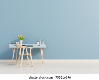 Front View Of An Working Interior With Blue Wall Empty Room,minimal Design,3d Rendering